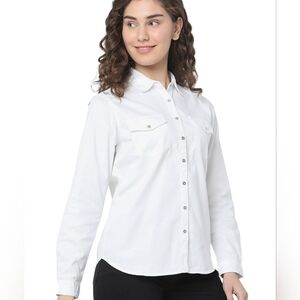 Chico's Platinum White Cotton Button Down Snap Utility Shirt Blouse Size 3 (L)